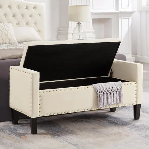 Vista 3 de Setawix Banco de almacenamiento de terciopelo para dormitorio, banco otomano armado para sala de estar, bancos de almacenamiento modernos de Beige