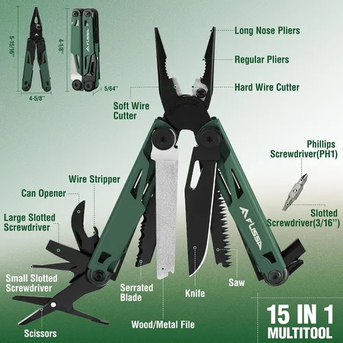 Vista 3 de FLISSA Multiherramienta, cuchillo de bolsillo multiherramienta 15 en 1 con funda, alicates multiherramienta EDC de acero inoxidable para hombres