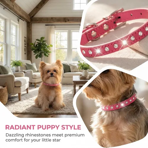 Vista 2 de Collar de Perro de Cuero de Gamuza con Pedrería de Cristal Diamante Colorido Brillante para Cachorras y Gatos Collares XS Mascotas Pequeñas