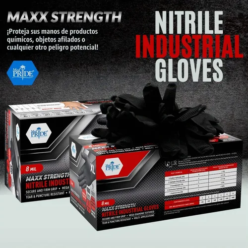 Vista 2 de MED PRIDE Maxx Strength - Nitrilo industrial negro, 8 mil de grosor, textura de diamante, desechable, resistente, resistente al desgarro