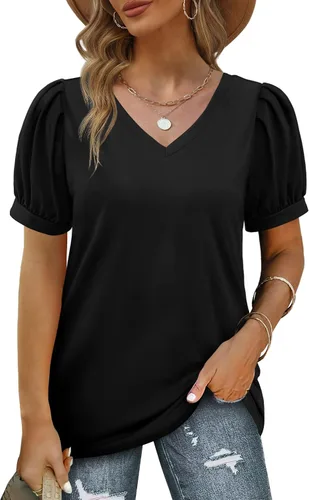 Vista 2 de Geifa Camisetas de verano para mujer, manga corta, cuello en V, holgadas, casuales
