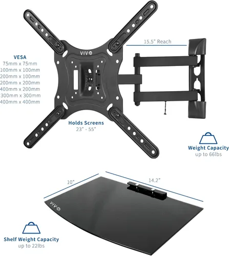 Vista 2 de VIVO Soporte de pared para TV de pantalla de 23 a 55 pulgadas con inclinación ajustable y estante de entretenimiento, AV flotante, estantería DVD