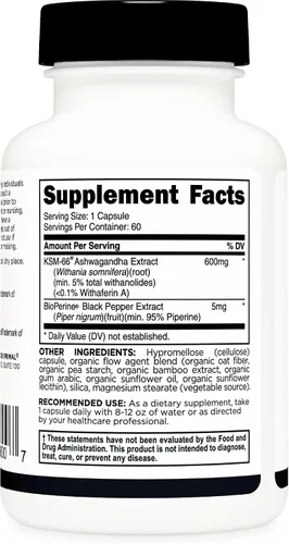 Vista 4 de Primal KSM-66 Ashwagandha Complex (60 cápsulas/60 porciones, 600 mg por porción) – Ashwagandha KSM-66 con extracto de pimienta negra, sin gluten