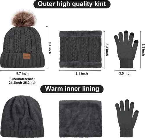 Vista 2 de Conjunto de gorro y bufanda de invierno para mujer, 3 piezas, grueso y cálido, gorro de calavera, guantes para pantalla táctil