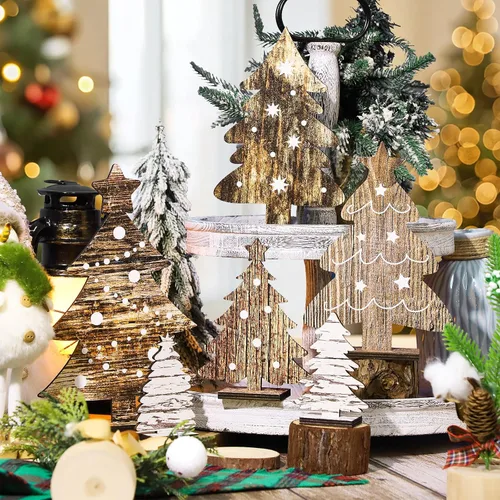 Vista 3 de 6 piezas de decoración de mesa de árbol de Navidad de madera, 6 tamaños, decoración de árbol de Navidad de madera independiente, letreros rústicos