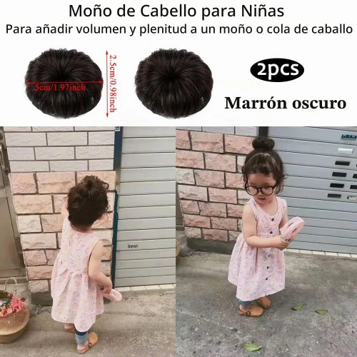 Vista 2 de AKOAK 2 piezas de peluca para bebé con moño, peluca falsa para niñas con pequeño clip para la cabeza (marrón oscuro)