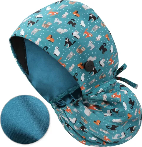 Vista 16 de QBA Gorra de trabajo ajustable con botón, gorro forrado de satén, gorro de trabajo de algodón, banda elástica para atar en la espalda, unisex
