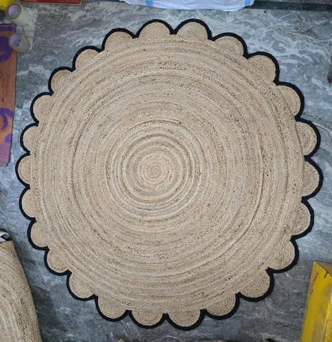 Vista 2 de Alfombra redonda natural de yute, alfombra de suelo con borde festoneado, trenzado, bohemio, ecológico, grande, circular hecha a mano, color negro