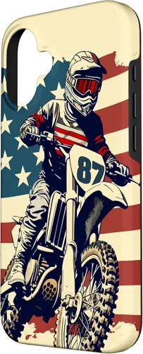 Vista 2 de Funda vintage para iPhone 16 Motocross Rider Dirt Bike con bandera estadounidense
