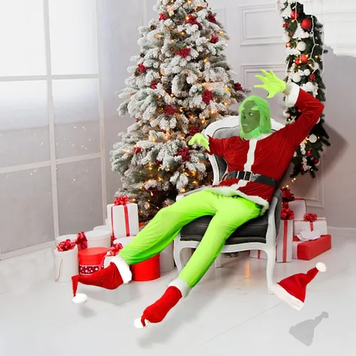 Vista 5 de Christmas Green Big Monster Costume7Pcs Adult Santa Suit for Men WomenFunny Santa Outfit with Mask