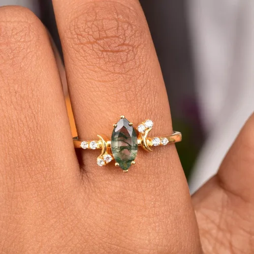 Vista 7 de DREAMSOFDAZZLE - Anillo de compromiso para mujer, diseño de luna de mi vida, corte marquesa, ágata musgo, juego de anillos de compromiso de novia