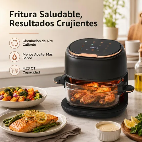 Vista 2 de Freidora de aire de 4.2 cuartos de galón con cesta de vidrio y pantalla táctil, cesta para hornear visible, freidora de aire pequeña, cocina sin