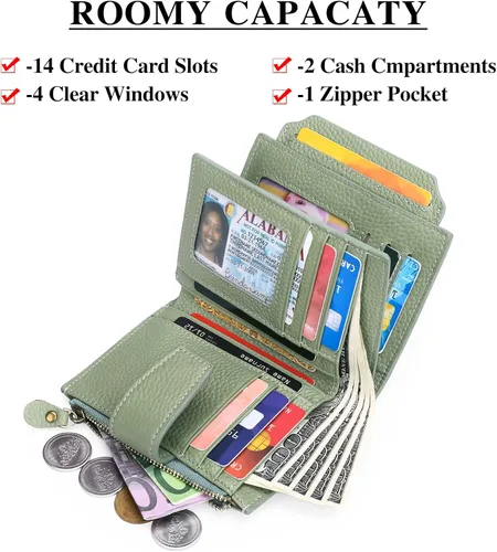 Vista 2 de FALAN MULE - Cartera de cuero auténtico para mujer, pequeña plegable , compacta, con interferencia de radiofrecuencia (RFID)