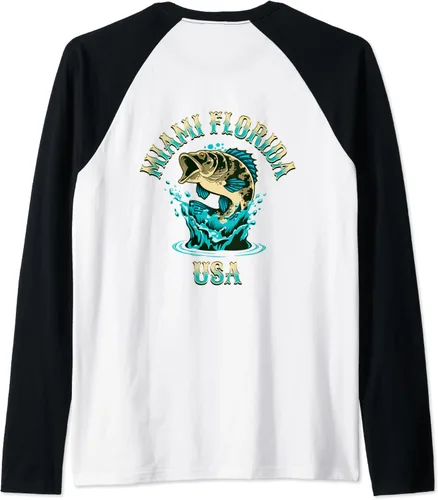 Vista 2 de Miami Florida USA Fishing Design on Front and Back Raglan Baseball Tee