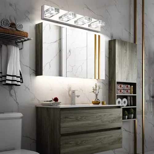 Vista 2 de SOLFART Iluminación LED para baño, 4 luces, regulable, moderno, de vidrio, acero inoxidable, luz de pared sobre espejo