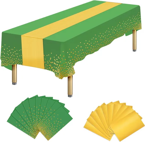 Vista 10 de Paquete de 10 manteles rectangulares de plástico y camino de mesa de satén, mantel desechable negro rectangular y dorado para cumpleaños