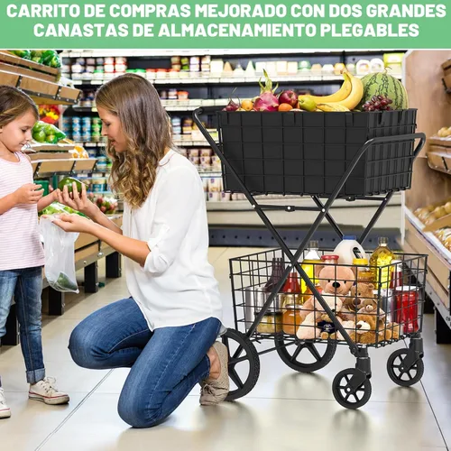 Vista 5 de 【2025𝐍𝐄𝐖】Carrito de compras plegable extra grande de 2 niveles con ruedas, carrito de compras de 400 libras para víveres con 2 cestas extraíbles
