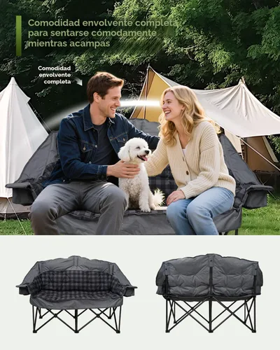 Vista 4 de Silla de campamento doble acolchada, sofá de campamento de gran tamaño para 2 personas con bolsa de transporte 2 en 1, silla de césped plegable Gris