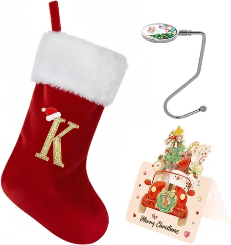 Vista 12 de Calcetines de Navidad personalizados con monograma, con inicial familiar, 20 pulgadas, puño de felpa blanca supersuave con cuerpo de terciopelo rojo