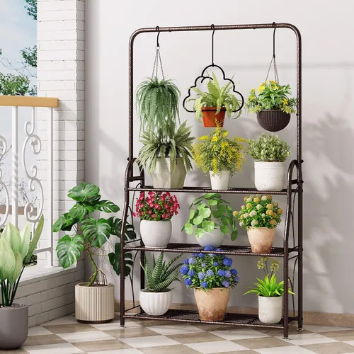 Vista 8 de SORCEDAS Soporte para plantas para interiores y exteriores, estante colgante de esquina de 3 niveles de alto, soportes de metal para flores, soporte