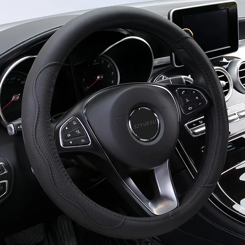 Vista 7 de Funda de cuero para volante de auto con forro antideslizante universal de 14.5-15 pulgadas (37-38 cm), protector de microfibra para automóviles