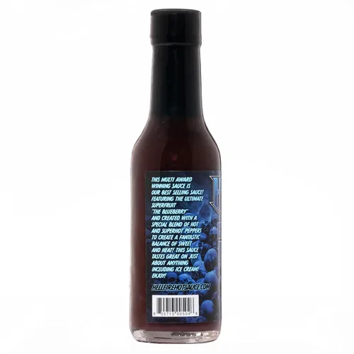 Vista 9 de Salsa picante Hellfire Blueberry Hell con pimientos Carolina Reaper, Gourmet, galardonada salsa picante a base de frutas, 5 onzas