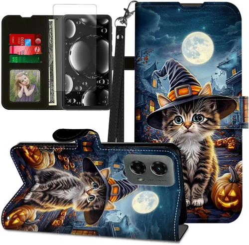 Vista 368 de Funda para Motorola Edge 2022 con protector de pantalla, soporte y tarjetero y correa para la muñeca, funda magnética para Moto Edge 2022 5G UW Lobo