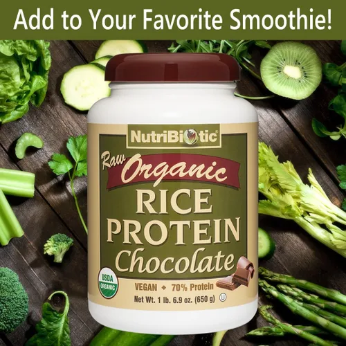 Vista 4 de NutriBiotic Chocolate con proteína de arroz orgánico certificado, 22.9 onzas, proteína vegana baja en carbohidratos en polvo, crudo, certificado