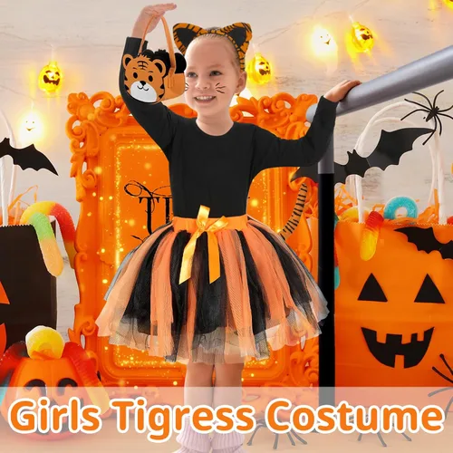 Vista 7 de Xtinmee El disfraz de tigre para niños incluye camiseta de manga larga, falda de tul, cesta de tigre, diadema de orejas de tigre, cola y calcomanía