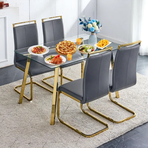 Vista 14 de Juego de mesa de comedor de cristal para 4, mesa rectangular con 4 sillas de cocina de cuero blanco, juego de comedor de cocina de 51 pulgadas, mesa