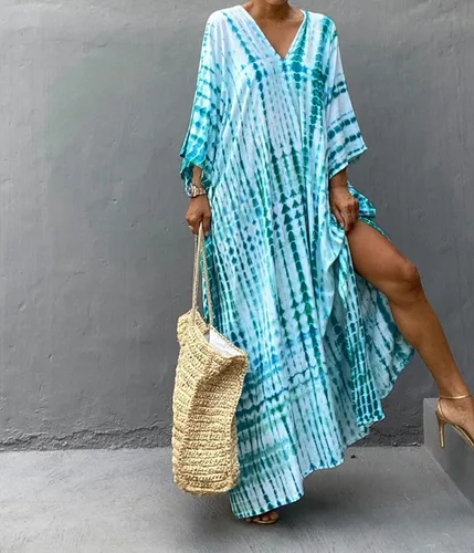 Vista 4 de RanRui - Vestido tipo caftán para mujer, de talla extragrande, con estampado de rayas, teñido anudado, cuello en V, holgado y suave