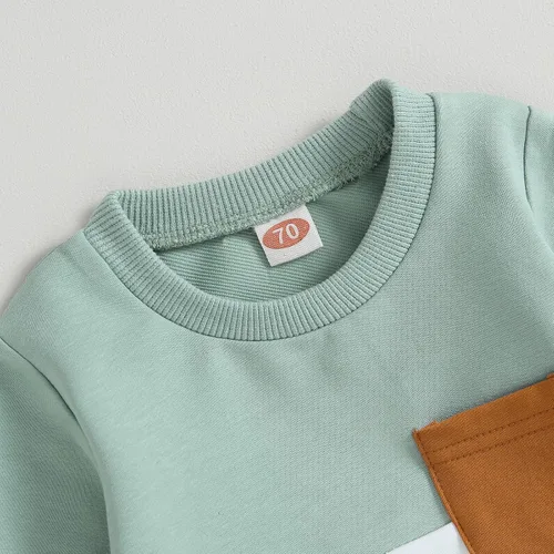Vista 4 de 2 piezas de sudadera para bebé niño, ropa de bloque de color, manga larga, sudadera con pantalones deportivos para otoño