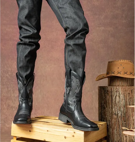 Vista 7 de Jousen Botas Vaqueras para Hombres con Bordado, Botas Occidentales Retro de Punta Cuadrada para Hombre, Botas Vaqueras Para Hombre