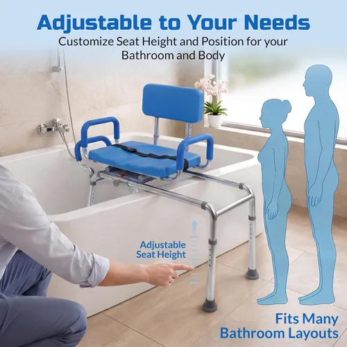 Vista 8 de Banco de transferencia deslizable para ducha con asiento giratorio Carousel, bariátrico, acolchado premium con apoyabrazos giratorios, alta