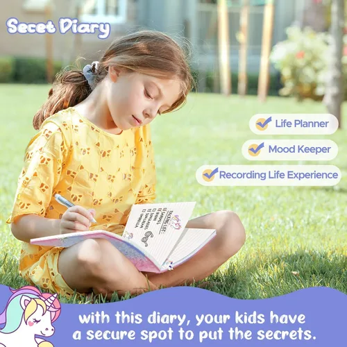 Vista 4 de homicozy Diario de unicornio para niños con cerradura y llave, diario difuso de teñido anudado para niñas de 6 años en adelante, cuaderno de tapa
