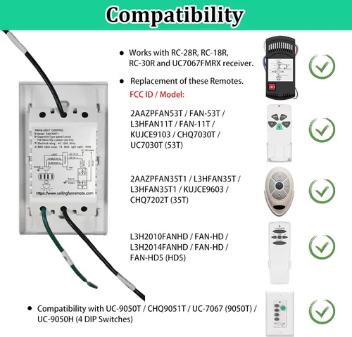 Vista 2 de Ventilador de techo de 3 velocidades con control remoto e interruptor de atenuación Combinación 2 en 1 de luz y control de pared, compatible