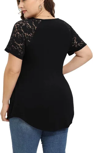 Vista 3 de Camisetas básicas para mujer, de verano, talla grande, manga corta, con encaje, blusa elegante