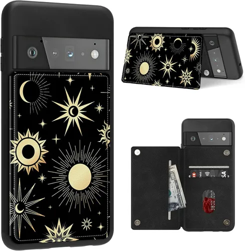 Vista 23 de Funda para Google Pixel 6 Pro con ranura para tarjetero, funda de piel sintética, doble cierre magnético y cubierta duradera de poliuretano girasol