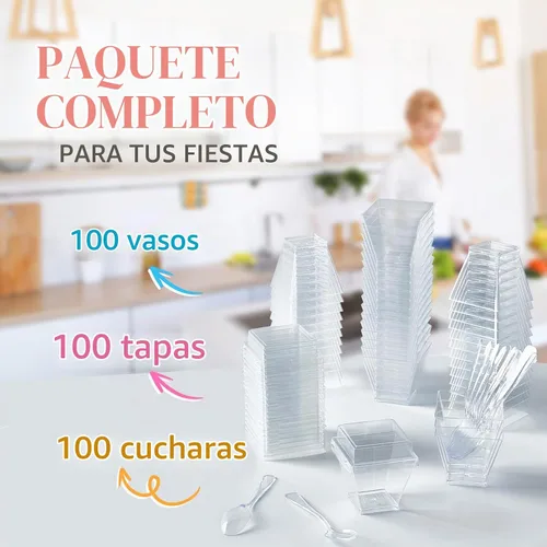 Vista 5 de Mini tazas de postre de 2 onzas con tapas y cucharas, paquete de 100 vasos de plástico para postres pequeños vasos cuadrados para servir fiestas