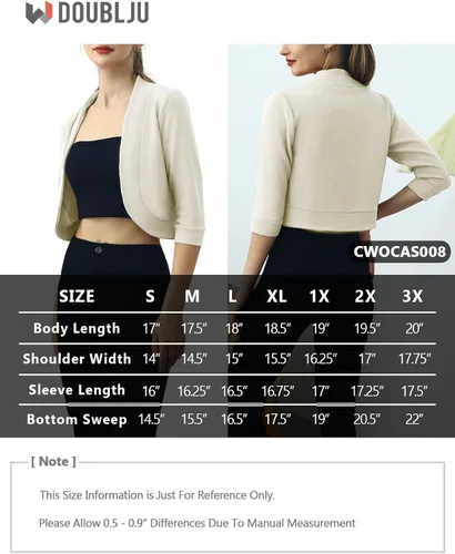 Vista 6 de DOUBLJU Bolero - Chaqueta corta con frente abierto, manga 34, básica, para negocios, casual, para mujer, talla grande