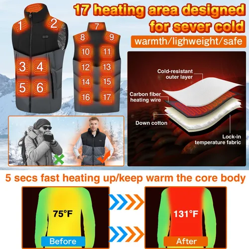 Vista 3 de PANGTIKU Chaleco térmico para hombres y mujeres, 17 zonas de calefacción, chaleco eléctrico USB, chaqueta térmica para invierno (batería no incluida)