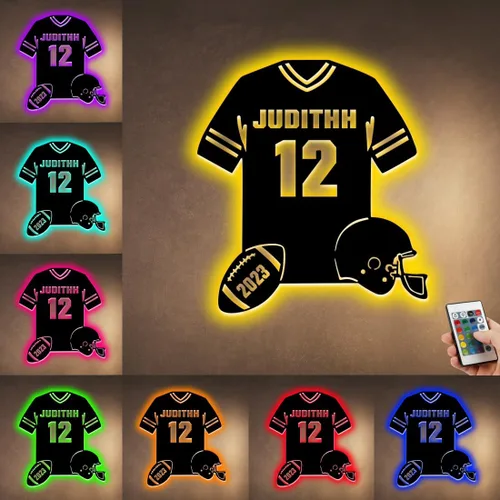 Vista 10 de Letrero de metal de jersey deportivo personalizado con luz LED, nombre y número personalizado, letrero de neón con nombre personalizado, decoración