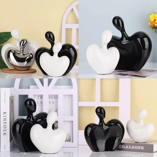 Vista 5 de Estatua de amor de cerámica, pareja masculina y femenina abrazando escultura, decoración del hogar en blanco y negro, boda para padres, figuras