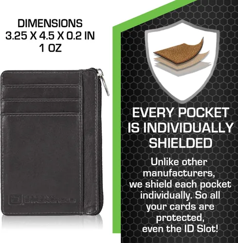 Vista 2 de ID STRONGHOLD - Cartera con bolsillo frontal RFID, mini, minimalista, delgada, de piel auténtica con cremallera, Negro