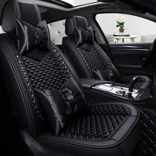 Vista 8 de Bling - Fundas de asiento de automóvil de seda y cuero retro con celosía, ajuste universal (negro básico)