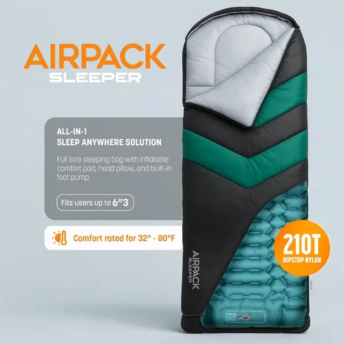 Vista 3 de Saco de dormir con almohadilla integrada (AirPack Sleeper) – Colchoneta inflable todo en uno y manta con cremallera para acampar con bomba de pie