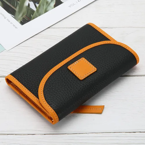 Vista 3 de Cartera de cuero genuino para mujer, con cierre de cremallera, monedero, monedero, gran capacidad, Negro -, Billetera triple