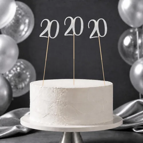 Vista 6 de Palitos de centro de mesa de cumpleaños número 20 con purpurina plateada, paquete de 12 decoraciones de fiesta de aniversario número 20