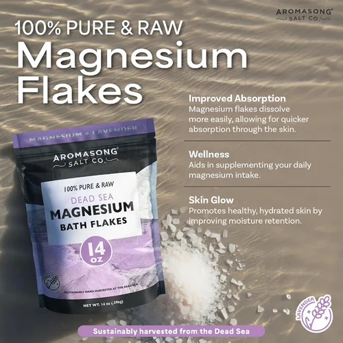 Vista 3 de Aromasong Copos de baño de magnesio RAW con lavanda 100% natural, 14 onzas. Sales orgánicas relajantes musculares Mg cloruro, sal mineral remojada.