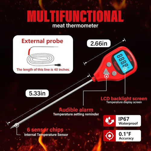Vista 2 de AWLKIM Termómetro digital recargable para carne con sonda externa de 1m, alerta de advertencia, termómetro de alimentos de lectura instantánea
